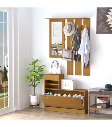 Recibidor de Entrada con Espejo Perchero y Zapatero Mueble de Recibidor de 2 Piezas con 6 Ganchos Estantes y Cajón Abati