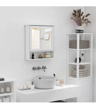 Armario de Baño con Espejo, Armario de Pared con 2 Puertas, Estante Abierto, Estante Ajustable, Mueble de Baño Colgar pa