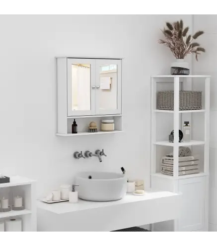 Armario de Baño con Espejo, Armario de Pared con 2 Puertas, Estante Abierto, Estante Ajustable, Mueble de Baño Colgar pa