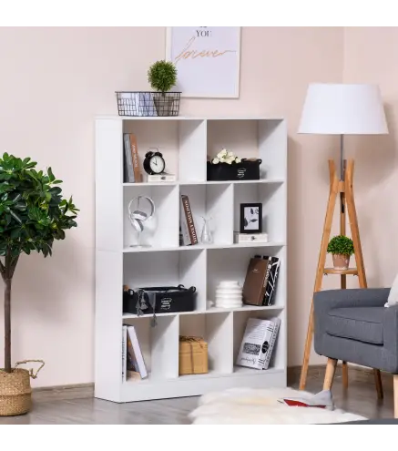 Estantería Librería de 4 Niveles con 10 Compartimentos Estantes de Almacenaje Multiusos 100x23,8x140 cm Blanco