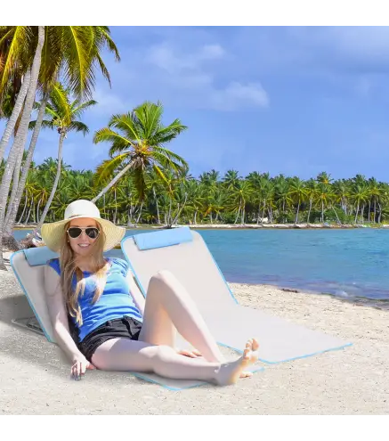 Conjunto de 2 Esterillas con Respaldo Reclinable en 5 Niveles Reposacabezas y Bolsa de Transporte 134x48x33-43 cm Beige