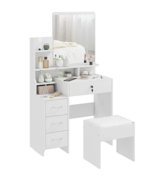 Tocador de Maquillaje con Taburete y Espejo de Estilo Moderno con 4 Cajones 4 Compartimientos 80x38x143 cm Blanco
