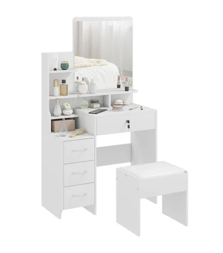 Tocador de Maquillaje con Taburete y Espejo de Estilo Moderno con 4 Cajones 4 Compartimientos 80x38x143 cm Blanco
