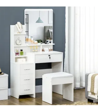 Tocador de Maquillaje con Taburete y Espejo de Estilo Moderno con 4 Cajones 4 Compartimientos 80x38x143 cm Blanco