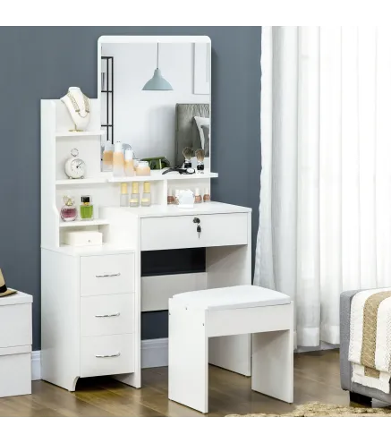 Tocador de Maquillaje con Taburete y Espejo de Estilo Moderno con 4 Cajones 4 Compartimientos 80x38x143 cm Blanco