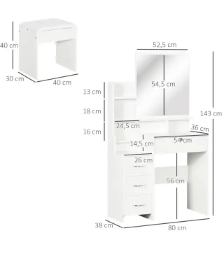 Tocador de Maquillaje con Taburete y Espejo de Estilo Moderno con 4 Cajones 4 Compartimientos 80x38x143 cm Blanco