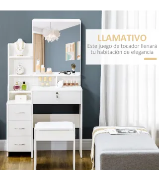 Tocador de Maquillaje con Taburete y Espejo de Estilo Moderno con 4 Cajones 4 Compartimientos 80x38x143 cm Blanco