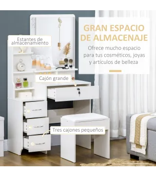 Tocador de Maquillaje con Taburete y Espejo de Estilo Moderno con 4 Cajones 4 Compartimientos 80x38x143 cm Blanco