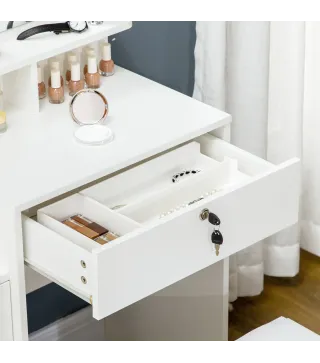 Tocador de Maquillaje con Taburete y Espejo de Estilo Moderno con 4 Cajones 4 Compartimientos 80x38x143 cm Blanco