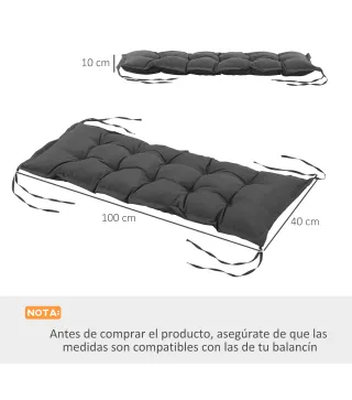 Cojín para Banco de Jardín Acolchado con Cuerdas de Sujeción y Relleno Grueso para Exterior e Interior 100x40x10 cm Gris