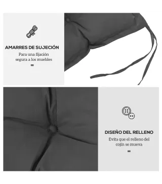 Cojín para Banco de Jardín Acolchado con Cuerdas de Sujeción y Relleno Grueso para Exterior e Interior 100x40x10 cm Gris