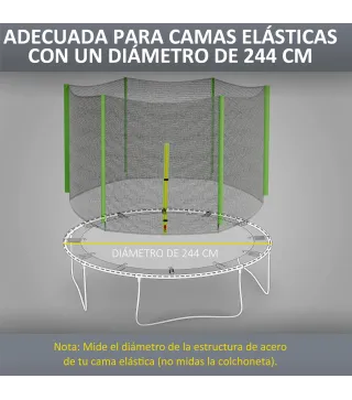 Red de Seguridad para Cama Elástica Ø244 para Exterior con Anti-UV y Puerta con Cremallera para 6 Postes Rectos Verde