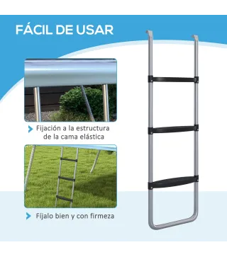 Escalera para Cama Elástica de 3 o 2 Escalones con Escalones Anchos y 2 Ganchos Carga 120 kg 110x32 cm Plata