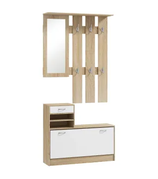 Recibidor de Entrada con Espejo Perchero y Zapatero Mueble de Recibidor de 2 Piezas con Ganchos Estantes Cajón Natural