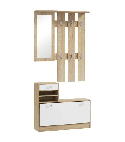 Recibidor de Entrada con Espejo Perchero y Zapatero Mueble de Recibidor de 2 Piezas con Ganchos Estantes Cajón Natural