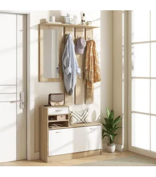 Recibidor de Entrada con Espejo Perchero y Zapatero Mueble de Recibidor de 2 Piezas con Ganchos Estantes Cajón Natural