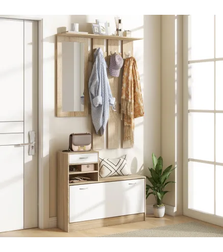 Recibidor de Entrada con Espejo Perchero y Zapatero Mueble de Recibidor de 2 Piezas con Ganchos Estantes Cajón Natural