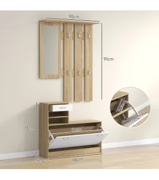 Recibidor de Entrada con Espejo Perchero y Zapatero Mueble de Recibidor de 2 Piezas con Ganchos Estantes Cajón Natural