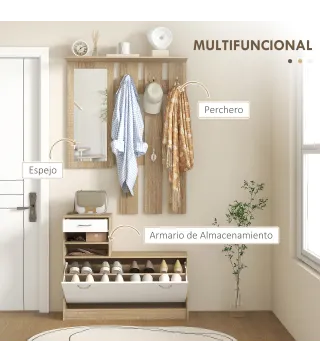 Recibidor de Entrada con Espejo Perchero y Zapatero Mueble de Recibidor de 2 Piezas con Ganchos Estantes Cajón Natural