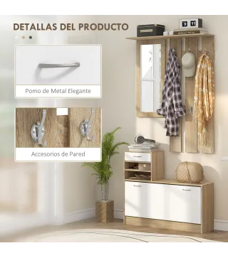 Recibidor de Entrada con Espejo Perchero y Zapatero Mueble de Recibidor de 2 Piezas con Ganchos Estantes Cajón Natural