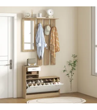Recibidor de Entrada con Espejo Perchero y Zapatero Mueble de Recibidor de 2 Piezas con Ganchos Estantes Cajón Natural