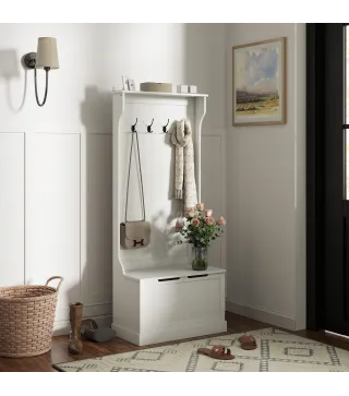 Perchero Zapatero con Banco de Almacenamiento 4 Ganchos Estilo Moderno 71,5x39,5x170 cm Blanco