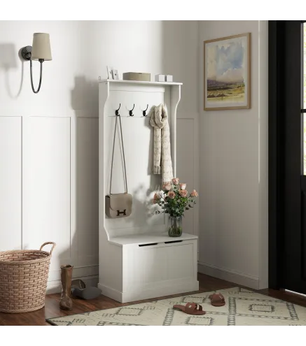 Perchero Zapatero con Banco de Almacenamiento 4 Ganchos Estilo Moderno 71,5x39,5x170 cm Blanco