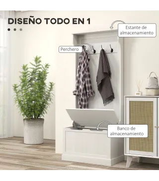 Perchero Zapatero con Banco de Almacenamiento 4 Ganchos Estilo Moderno 71,5x39,5x170 cm Blanco