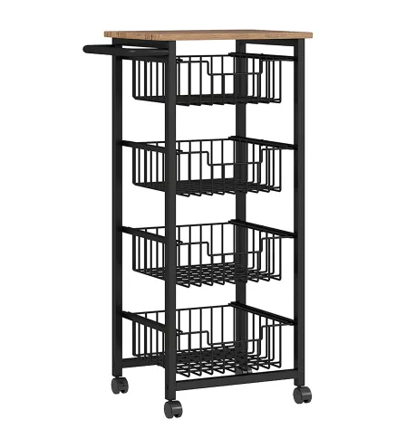 Carrito Verdulero para Cocina con 4 Cestas Deslizables y Marco de Acero 49,5x31x91 cm Roble