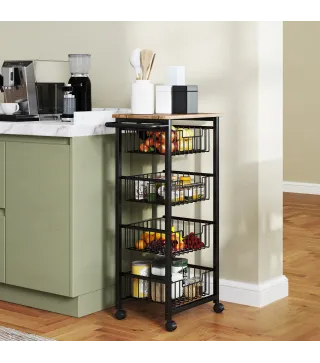 Carrito Verdulero para Cocina con 4 Cestas Deslizables y Marco de Acero 49,5x31x91 cm Roble