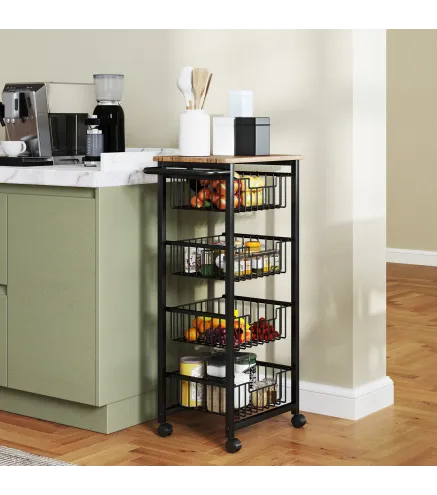 Carrito Verdulero para Cocina con 4 Cestas Deslizables y Marco de Acero 49,5x31x91 cm Roble