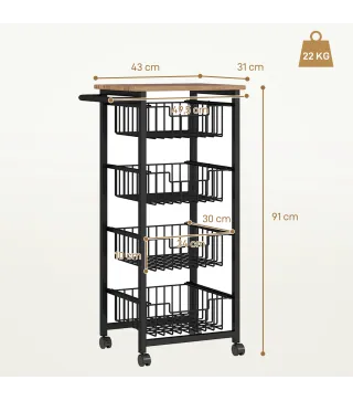 Carrito Verdulero para Cocina con 4 Cestas Deslizables y Marco de Acero 49,5x31x91 cm Roble