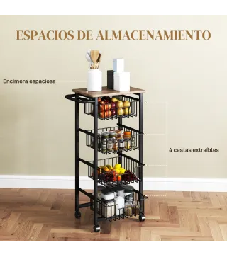 Carrito Verdulero para Cocina con 4 Cestas Deslizables y Marco de Acero 49,5x31x91 cm Roble