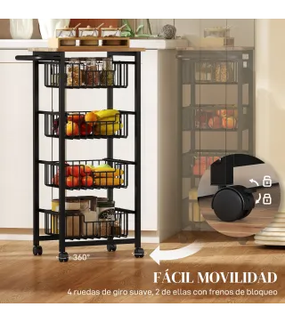 Carrito Verdulero para Cocina con 4 Cestas Deslizables y Marco de Acero 49,5x31x91 cm Roble