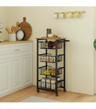 Carrito Verdulero para Cocina con 4 Cestas Deslizables y Marco de Acero 49,5x31x91 cm Roble