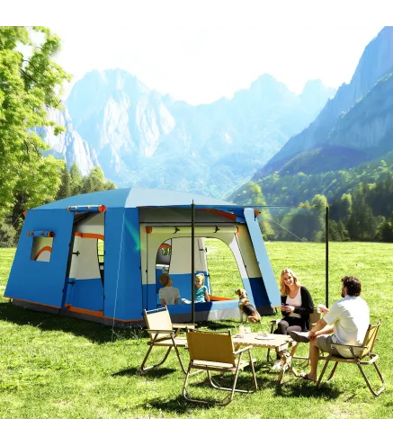 Tienda de Campaña Familiar 5 Personas con 2 Habitaciones Zona de Estar y Protección Impermeable 430x305 cm Gris y Azul