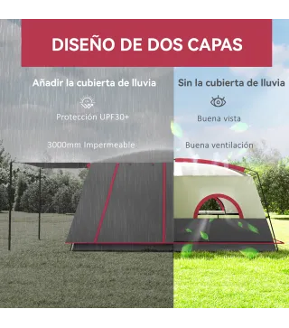 Tienda de Campaña Familiar 4-6 Personas con 2 Habitaciones Zona de Estar y Protección Impermeable 430x305 cm Rojo