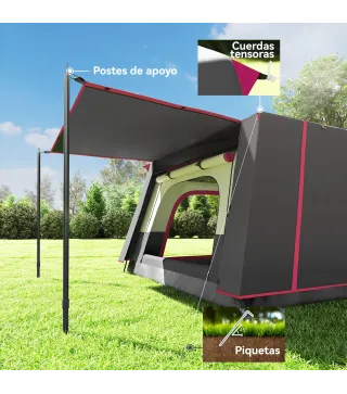 Tienda de Campaña Familiar 4-6 Personas con 2 Habitaciones Zona de Estar y Protección Impermeable 430x305 cm Rojo