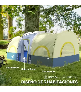 Tienda de Campaña Familiar para 4-6 Personas Impermeable con Dormitorios Independientes 435x251x195 cm Azul y Blanco