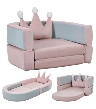 Sofá Infantil Convertible en Cama y Zona de Juego con Cojín de Corona 116x61x14 cm Rosa y Azul Grisáceo