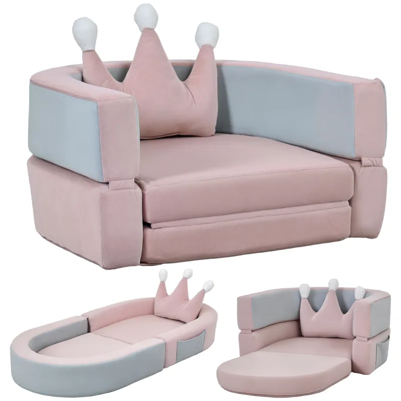 Sofá Infantil Convertible en Cama y Zona de Juego con Cojín de Corona 116x61x14 cm Rosa y Azul Grisáceo