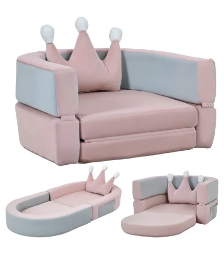 Sofá Infantil Convertible en Cama y Zona de Juego con Cojín de Corona 116x61x14 cm Rosa y Azul Grisáceo