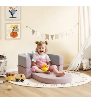 Sofá Infantil Convertible en Cama y Zona de Juego con Cojín de Corona 116x61x14 cm Rosa y Azul Grisáceo