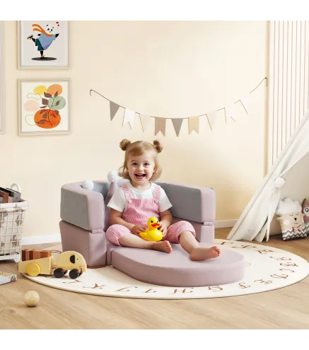 Sofá Infantil Convertible en Cama y Zona de Juego con Cojín de Corona 116x61x14 cm Rosa y Azul Grisáceo