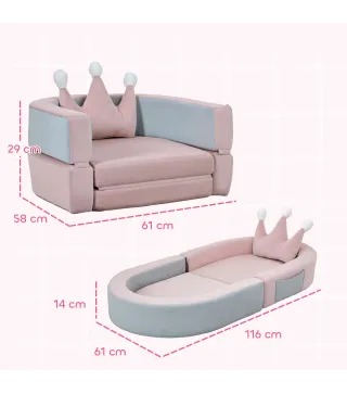 Sofá Infantil Convertible en Cama y Zona de Juego con Cojín de Corona 116x61x14 cm Rosa y Azul Grisáceo