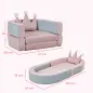 Sofá Infantil Convertible en Cama y Zona de Juego con Cojín de Corona 116x61x14 cm Rosa y Azul Grisáceo