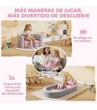 Sofá Infantil Convertible en Cama y Zona de Juego con Cojín de Corona 116x61x14 cm Rosa y Azul Grisáceo