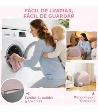 Sofá Infantil Convertible en Cama y Zona de Juego con Cojín de Corona 116x61x14 cm Rosa y Azul Grisáceo