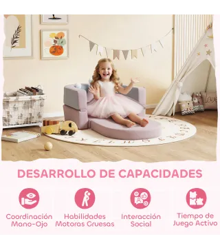 Sofá Infantil Convertible en Cama y Zona de Juego con Cojín de Corona 116x61x14 cm Rosa y Azul Grisáceo