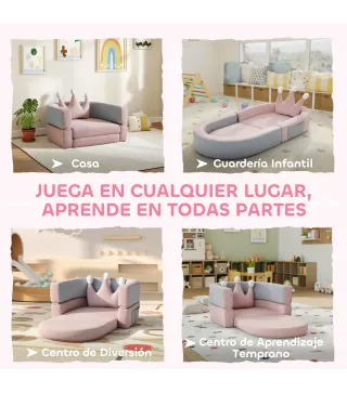 Sofá Infantil Convertible en Cama y Zona de Juego con Cojín de Corona 116x61x14 cm Rosa y Azul Grisáceo